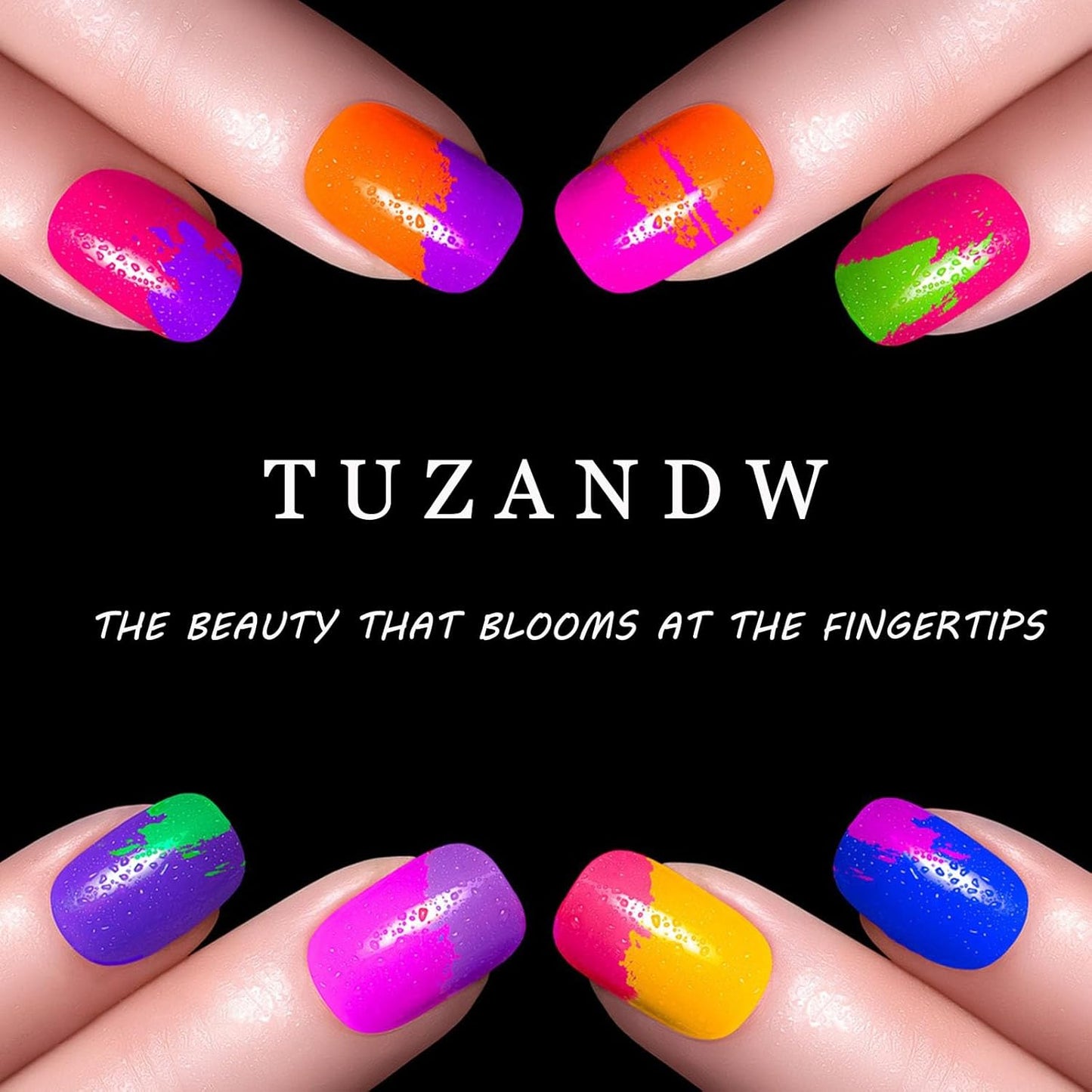 Coffin Press on Nails Medium Length Fake Nails Artificial False Nails with Blue Marble & Sequins Designs Glossy Acrylic Nails Nude Full Cover Glue on Nails for Women 24 Pcs