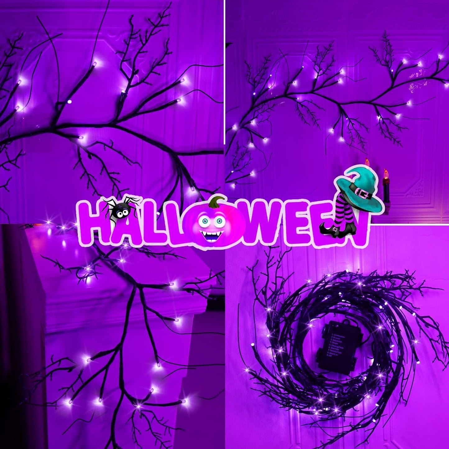 Couah 6Ft 54 LED Willow Vine Twig Halloween Garland with Lights - 8 Modes & Timer, Purple, Waterproof Battery Operated for Mantle, Wall, Fireplace, Indoor Decorations