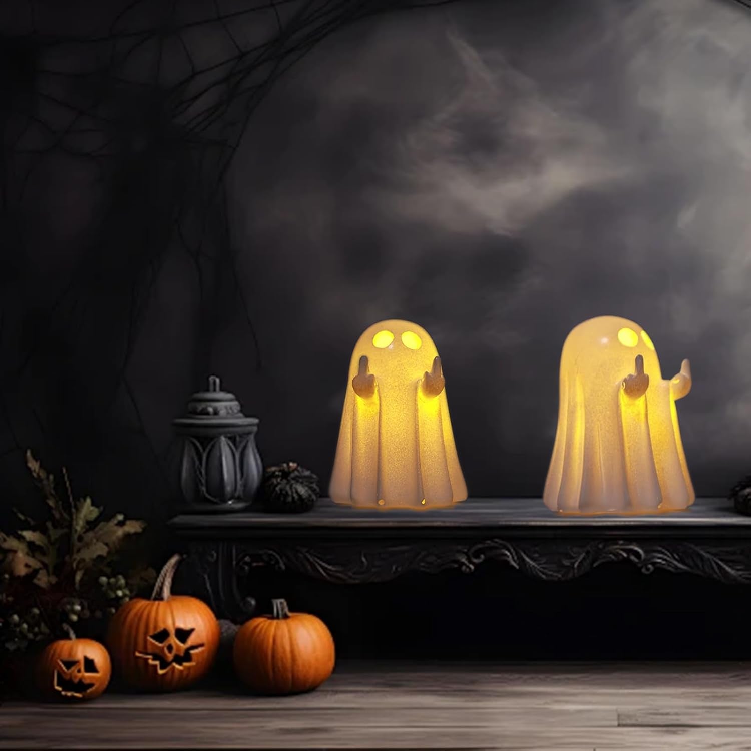 Halloween Ghost Figurine - Spooky Resin Glowing Cute Finger Statue, Cute Finger Light Ghost Decor for Halloween Decorations, Porch and Indoor Spooky Home Decor (A)