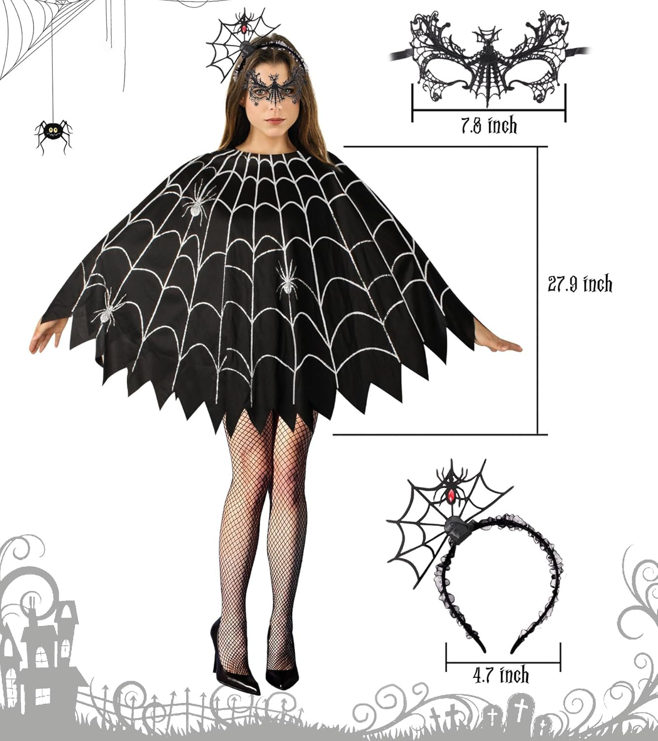 3 Pcs Spider Web Poncho for Women,Spider Web Costume Dress with Headband& Mask,Halloween Costume for Women
