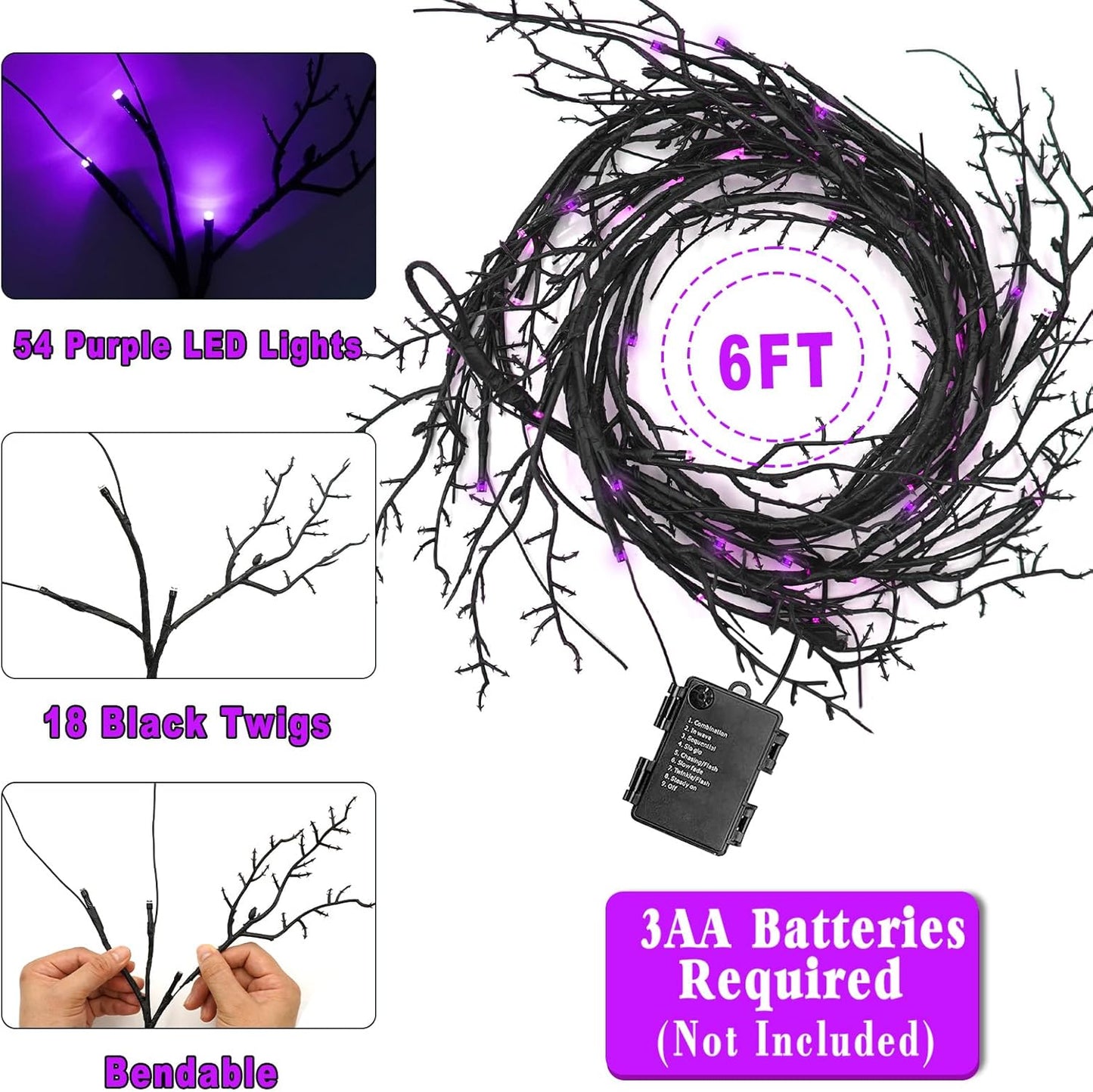 Couah 6Ft 54 LED Willow Vine Twig Halloween Garland with Lights - 8 Modes & Timer, Purple, Waterproof Battery Operated for Mantle, Wall, Fireplace, Indoor Decorations