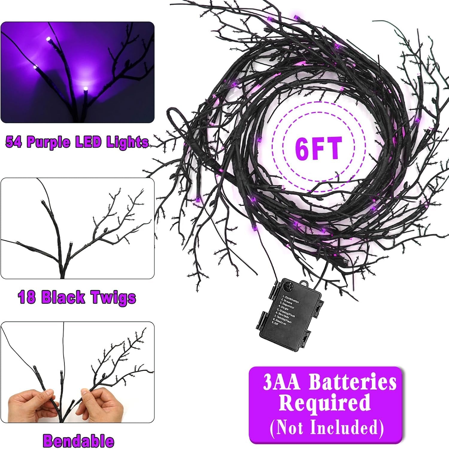 Couah 6Ft 54 LED Willow Vine Twig Halloween Garland with Lights - 8 Modes & Timer, Purple, Waterproof Battery Operated for Mantle, Wall, Fireplace, Indoor Decorations