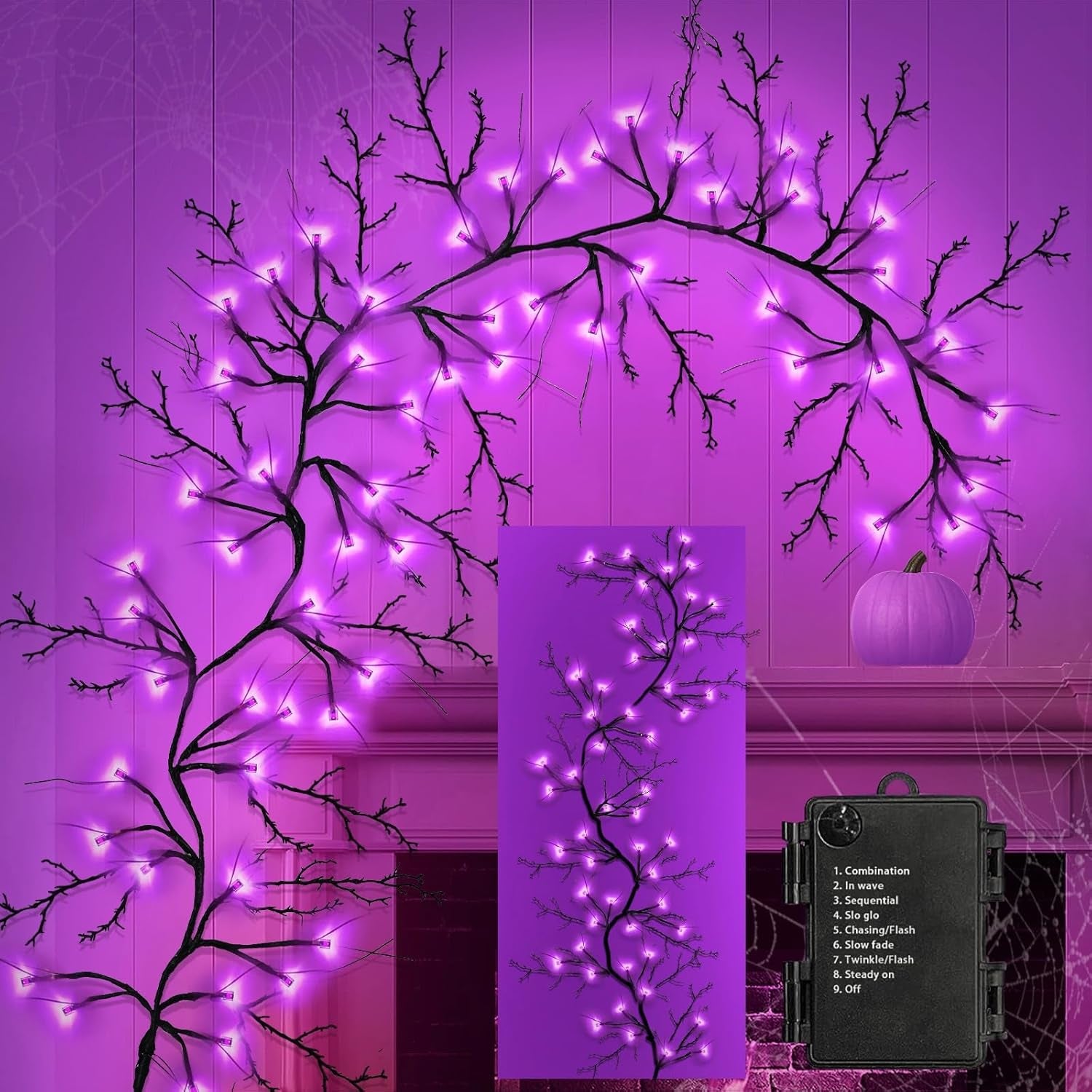 Couah 6Ft 54 LED Willow Vine Twig Halloween Garland with Lights - 8 Modes & Timer, Purple, Waterproof Battery Operated for Mantle, Wall, Fireplace, Indoor Decorations