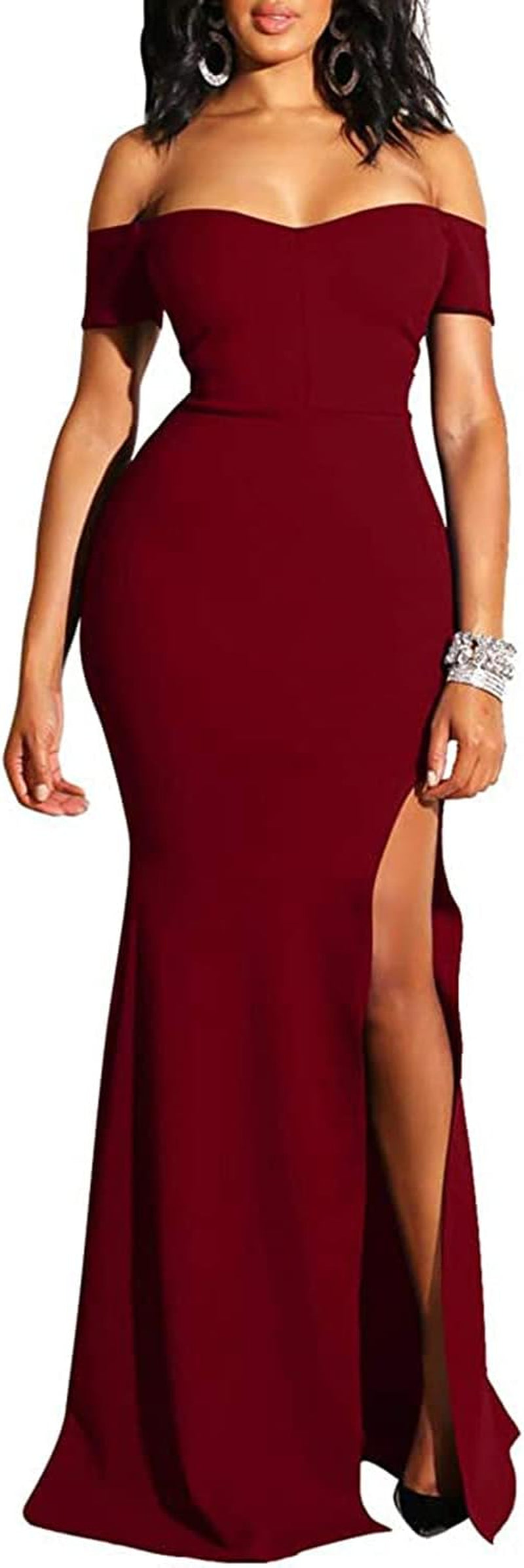 Jtnfairy Women Sexy Off-The-Shoulder High Fork Long Formal Evening Dress Club Dresses