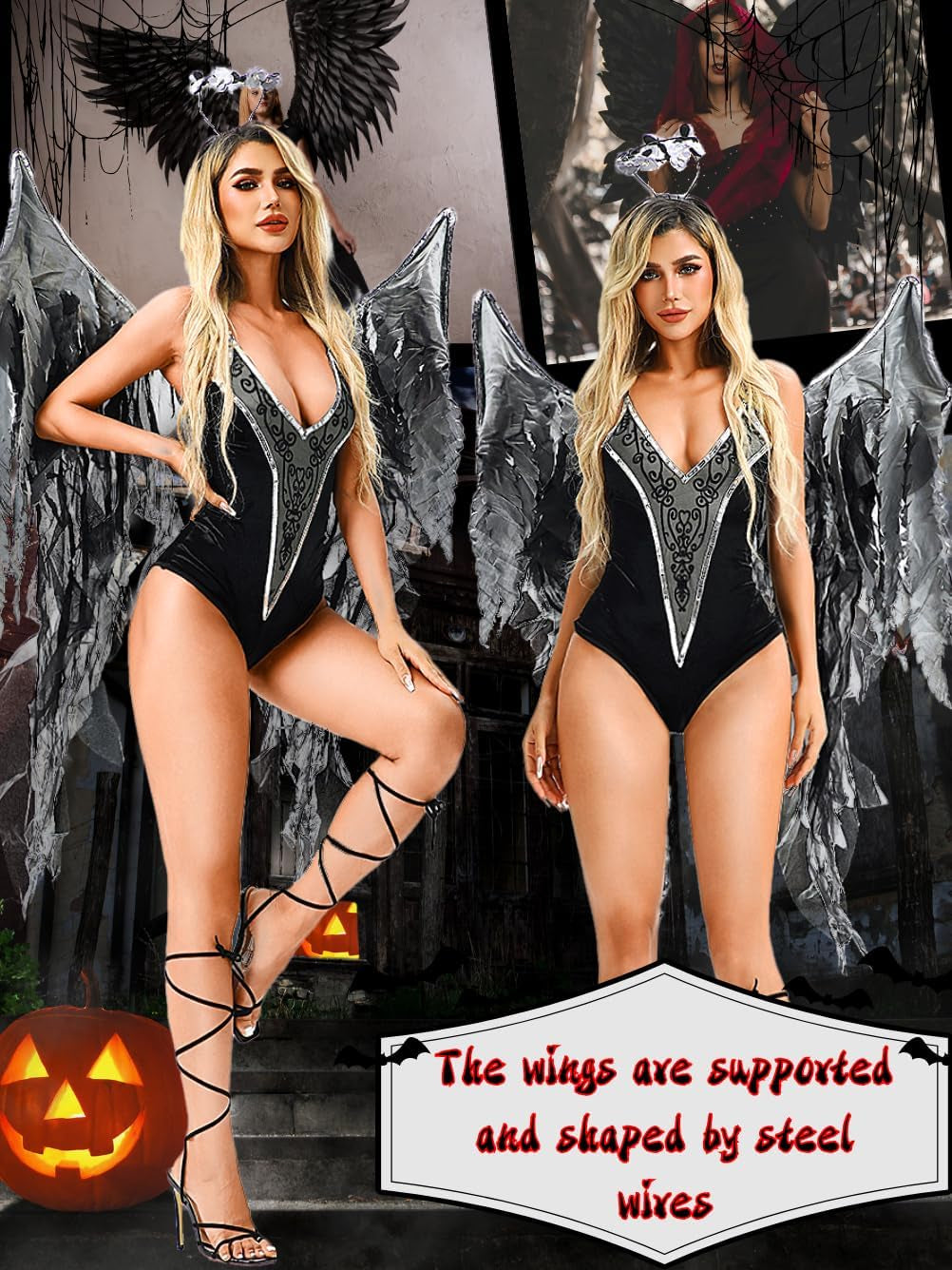 Dark Angel Costume Women,Deep V Backless High Cut Sexy 3 Piece Bodysuit,Halloween Devil Cosplay