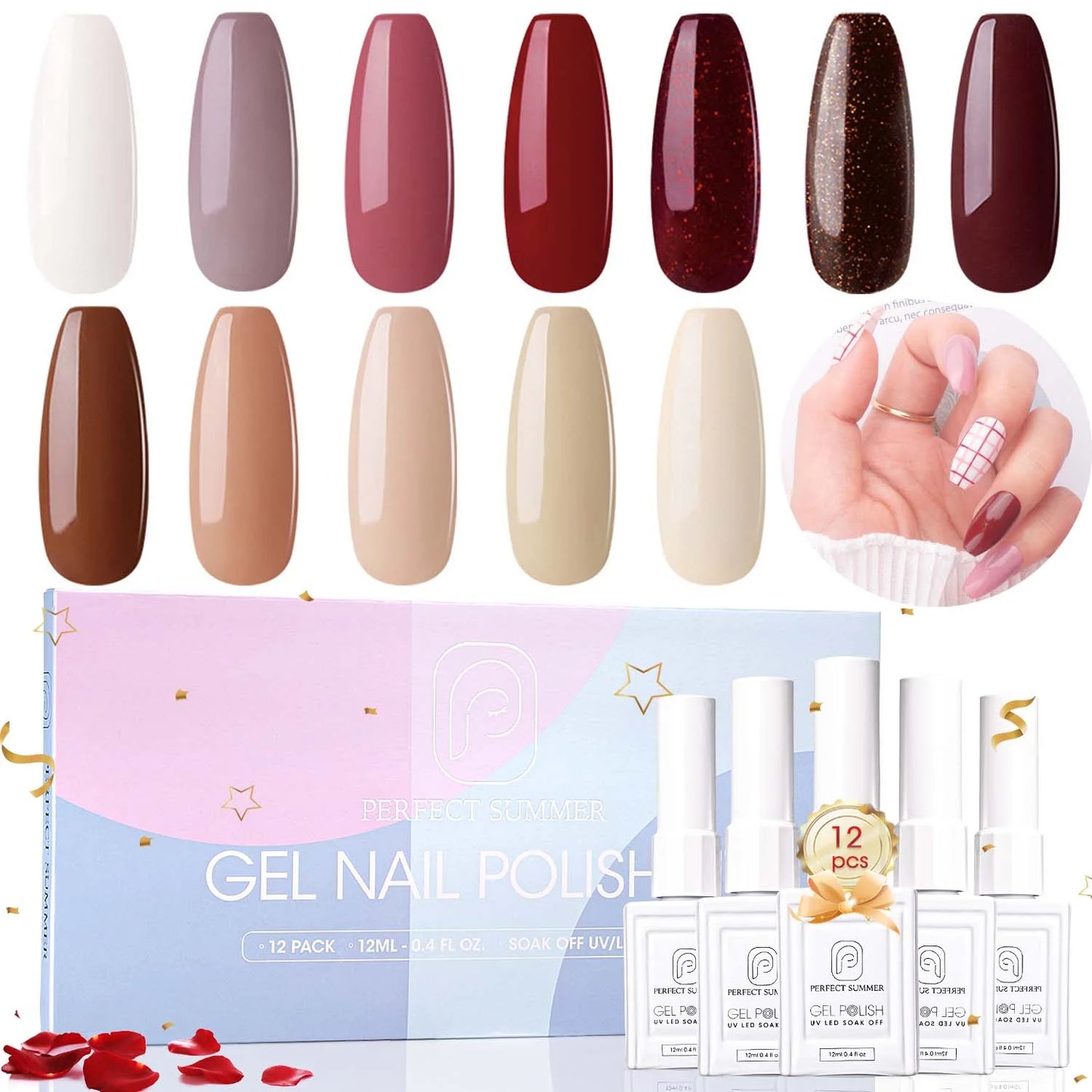 Gel Nail Polish, 12 Colors Gel Polish Fall Nude Wine Red Soak off Nail Gel Polish Set, UV Nail Gel DIY Home Salon Manicure Gifts for Women Girls