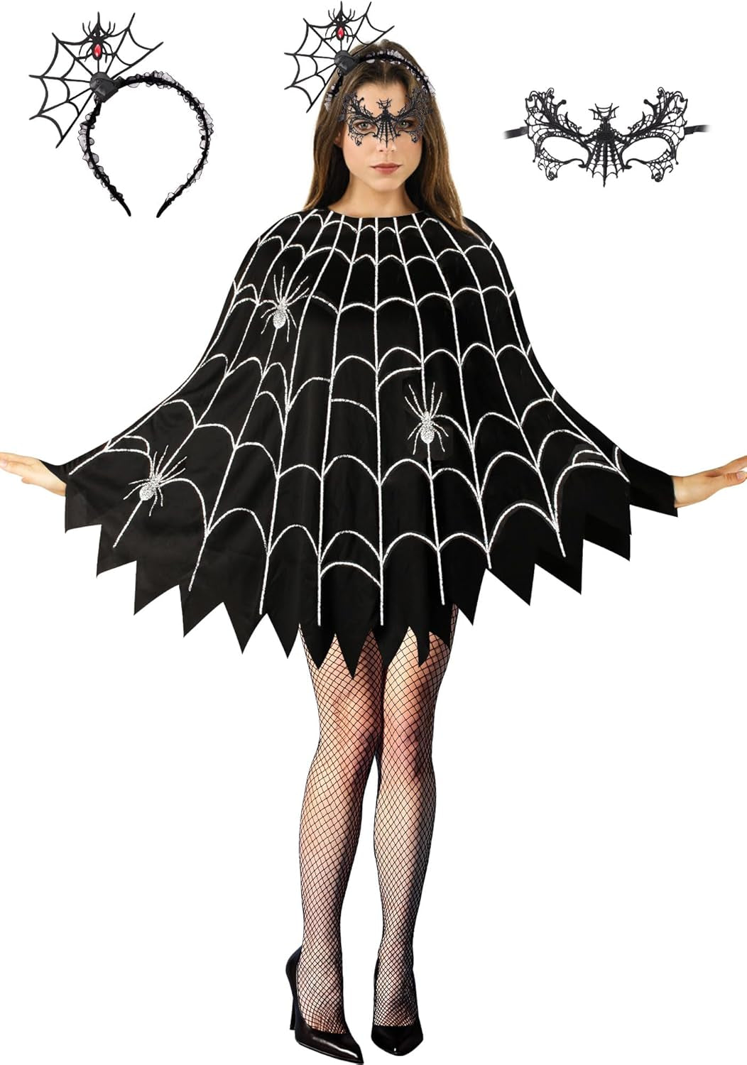 3 Pcs Spider Web Poncho for Women,Spider Web Costume Dress with Headband& Mask,Halloween Costume for Women