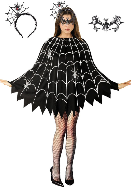 3 Pcs Spider Web Poncho for Women,Spider Web Costume Dress with Headband& Mask,Halloween Costume for Women
