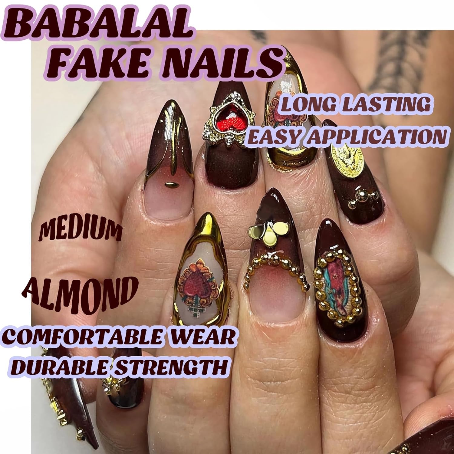 Almond Press on Nails Medium Fake Nails Brown Fall Glue on Golden Chrome Baroque Art Acrylic Nails 3D Heart Charm Metallic Ball Design Stiletto Manicure Stick on False Nails