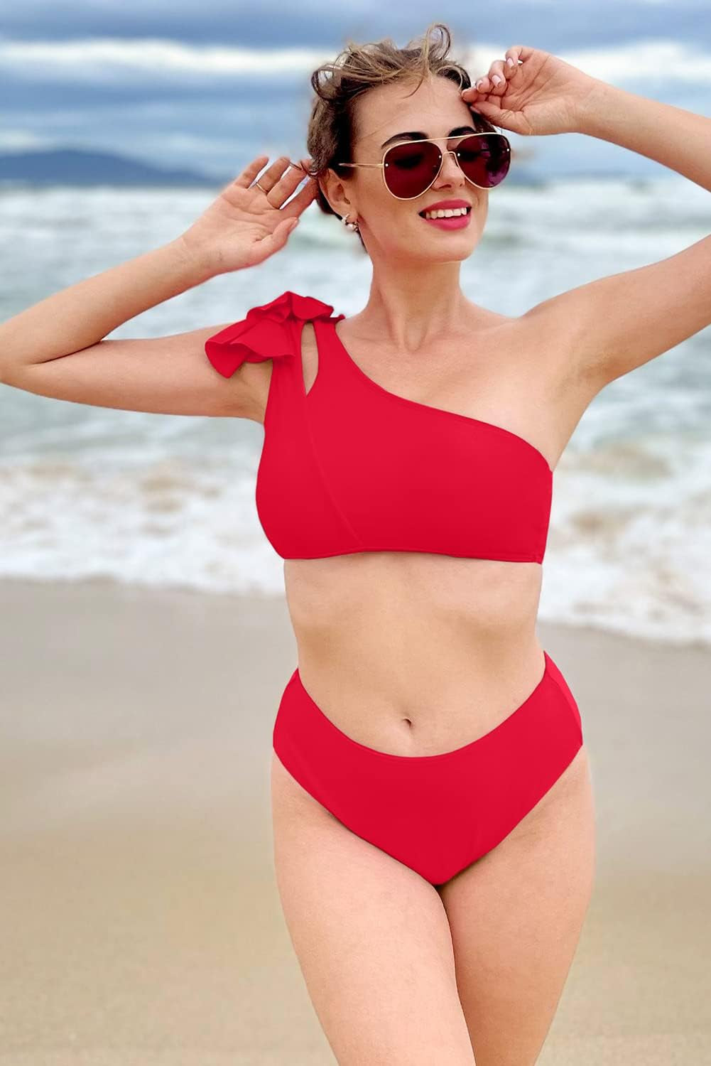 Womens Bikini One Shoulder Top with High Waisted Bottom Two Piece Swimsuits