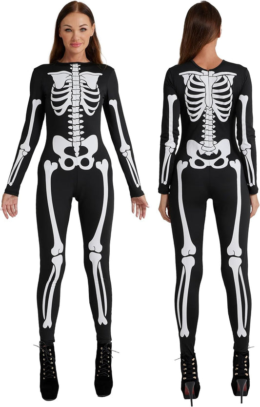 Maxim Party Supplies Women'S Skeleton Bodysuit - Form-Fitting Catsuit with Front and Back Bone Design - Halloween Costume