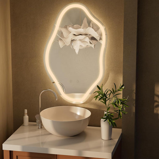 20"X 32" Cloud Irregular LED Bathroom Mirror with Lights, LED Mirror for Bathroom, Lighted, Anti-Fog, Dimmable Adjustable 3 Colors, CRI90+, Touch Button