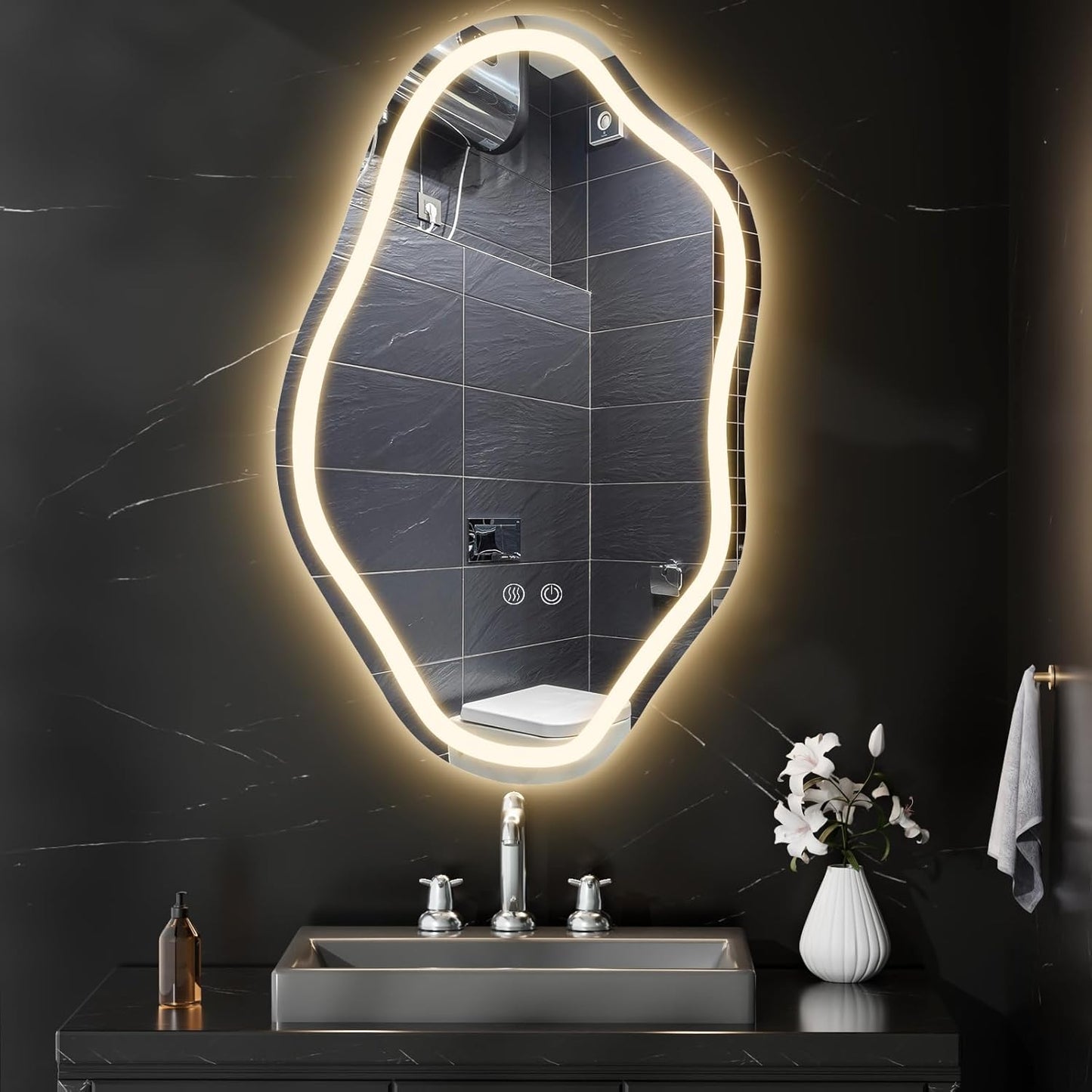 20"X 32" Cloud Irregular LED Bathroom Mirror with Lights, LED Mirror for Bathroom, Lighted, Anti-Fog, Dimmable Adjustable 3 Colors, CRI90+, Touch Button