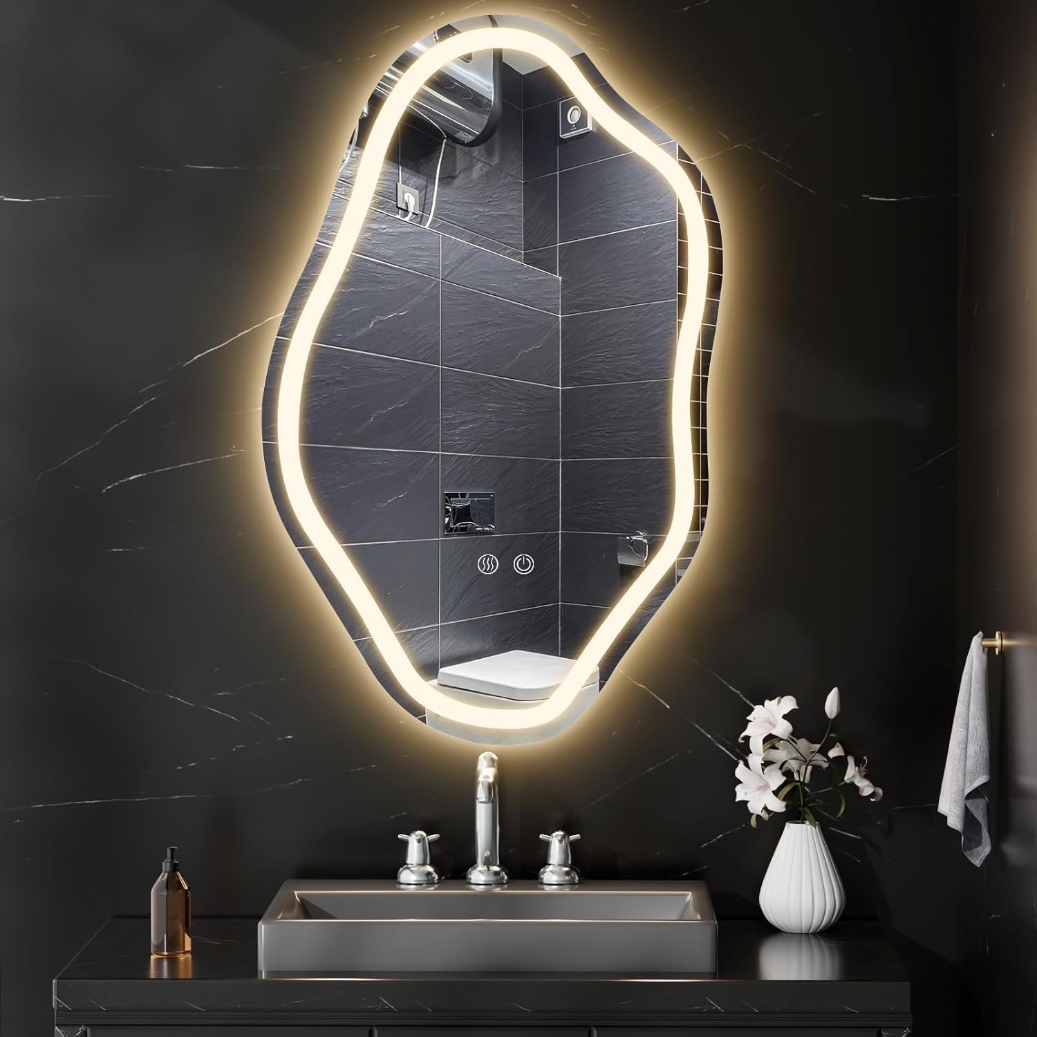 20"X 32" Cloud Irregular LED Bathroom Mirror with Lights, LED Mirror for Bathroom, Lighted, Anti-Fog, Dimmable Adjustable 3 Colors, CRI90+, Touch Button