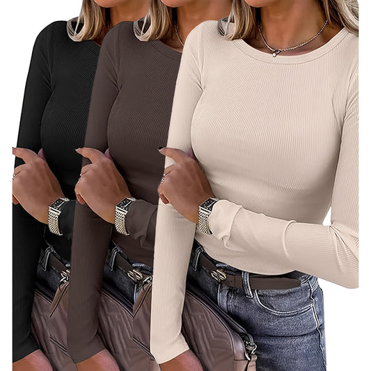 3 Pack Women'S Long Sleeve Shirts, Crew Neck Ribbed Tops Slim Fit Casual Knit Tees Stretch Basic T Shirts