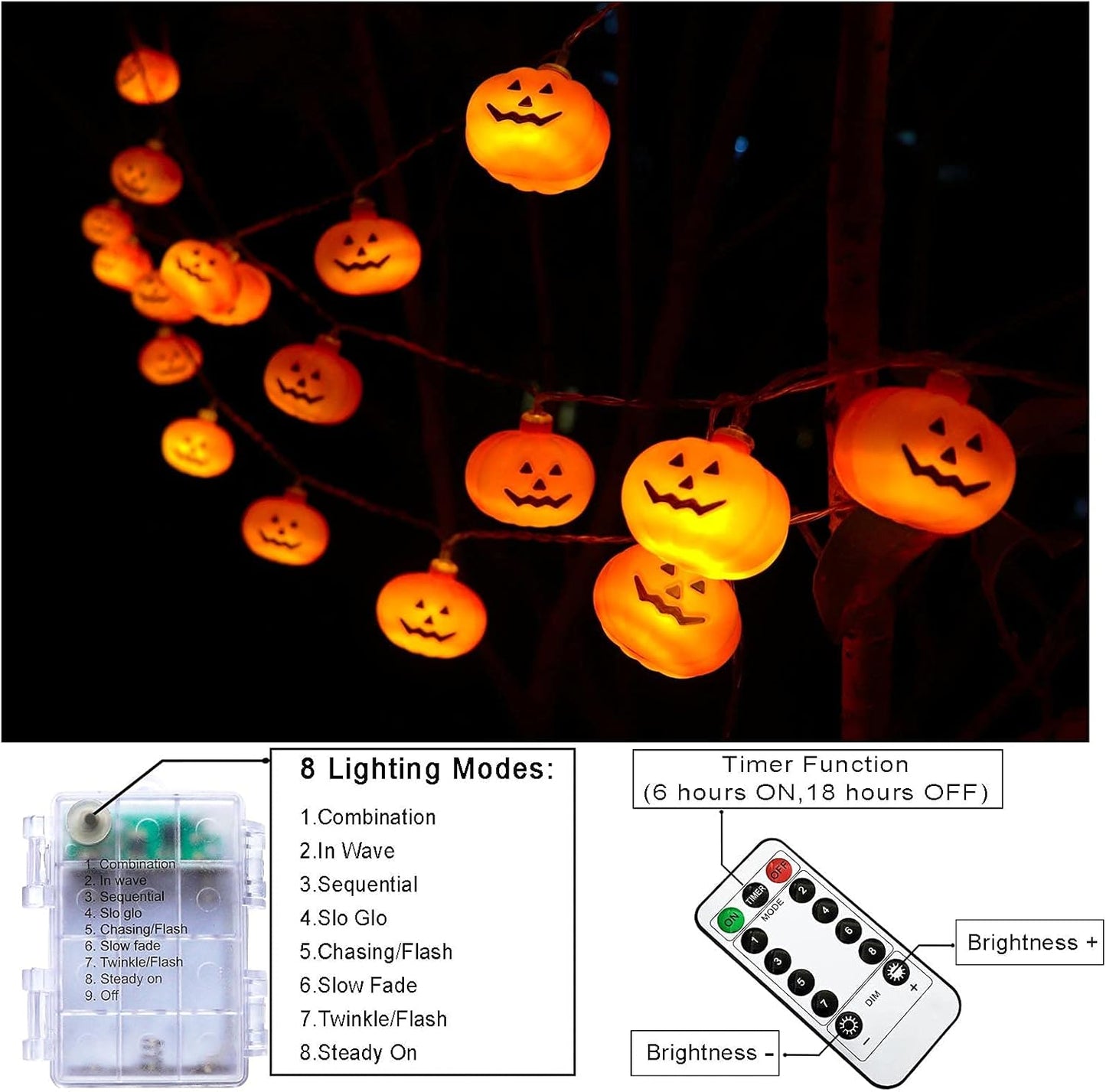 Halloween Decorations Pumpkin String Lights, 30 LED 16.4 FT 8 Modes Timer 3D Waterproof Orange Jack-O-Lantern Battery Operated Decorative Twinkle Lights for Indoor Bedroom Camper Party Decor