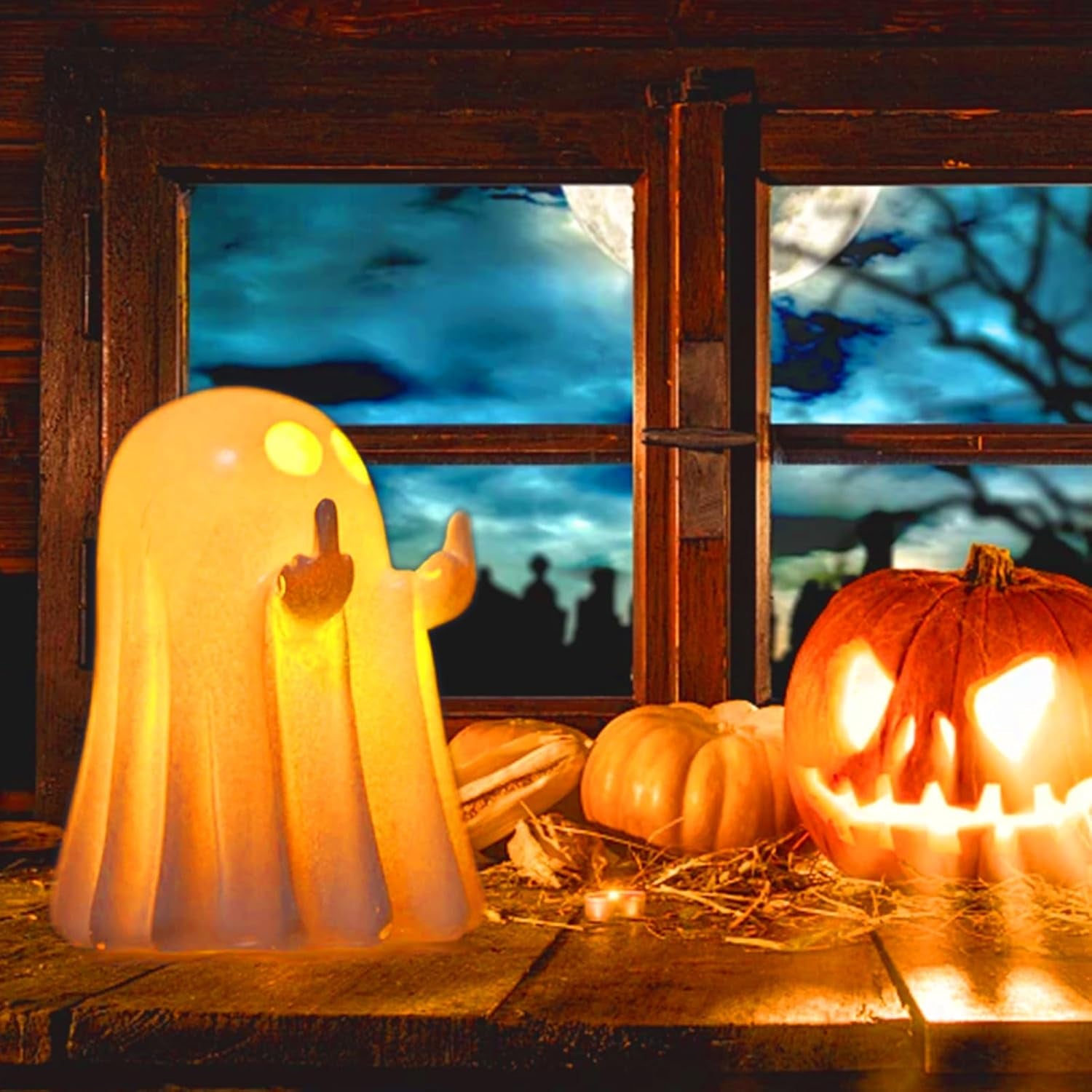 Halloween Ghost Figurine - Spooky Resin Glowing Cute Finger Statue, Cute Finger Light Ghost Decor for Halloween Decorations, Porch and Indoor Spooky Home Decor (A)