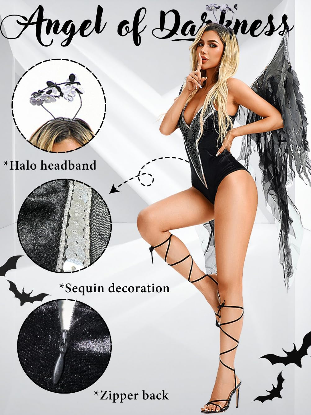 Dark Angel Costume Women,Deep V Backless High Cut Sexy 3 Piece Bodysuit,Halloween Devil Cosplay