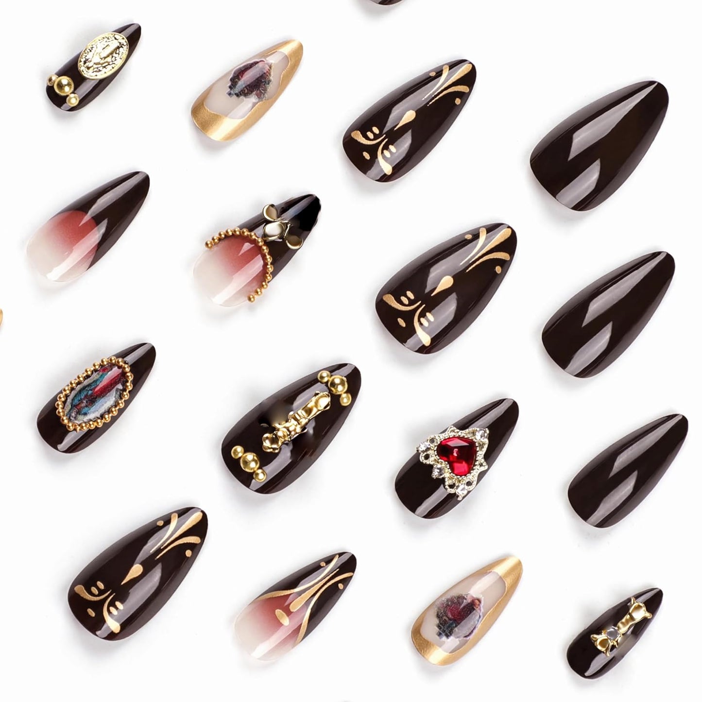 Almond Press on Nails Medium Fake Nails Brown Fall Glue on Golden Chrome Baroque Art Acrylic Nails 3D Heart Charm Metallic Ball Design Stiletto Manicure Stick on False Nails