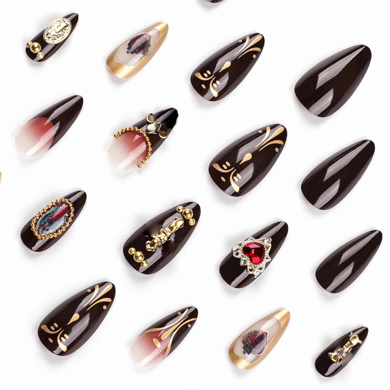 Almond Press on Nails Medium Fake Nails Brown Fall Glue on Golden Chrome Baroque Art Acrylic Nails 3D Heart Charm Metallic Ball Design Stiletto Manicure Stick on False Nails