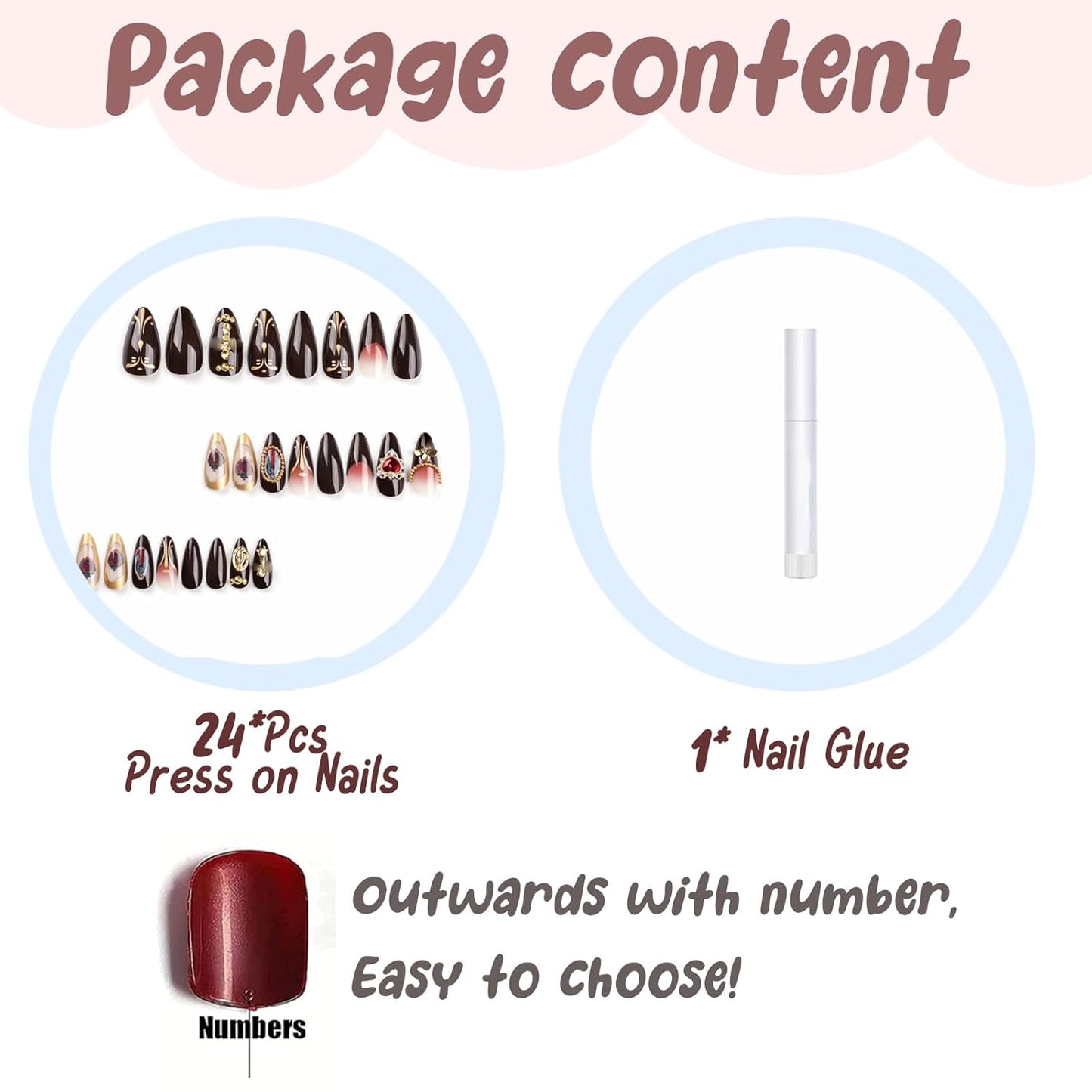 Almond Press on Nails Medium Fake Nails Brown Fall Glue on Golden Chrome Baroque Art Acrylic Nails 3D Heart Charm Metallic Ball Design Stiletto Manicure Stick on False Nails