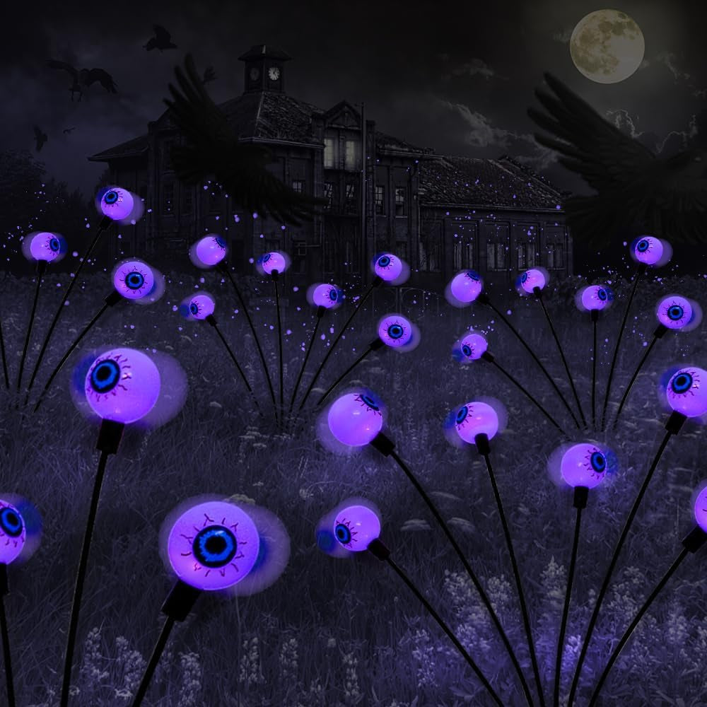 Halloween Decorations Outdoor Solar Scary Eyeball Lights,2Packs 12LED Green Eyeball Swaying Firefly Lights,Waterproof Solar Halloween Path Lights for Yard/Garden/Lawn/Party Decor