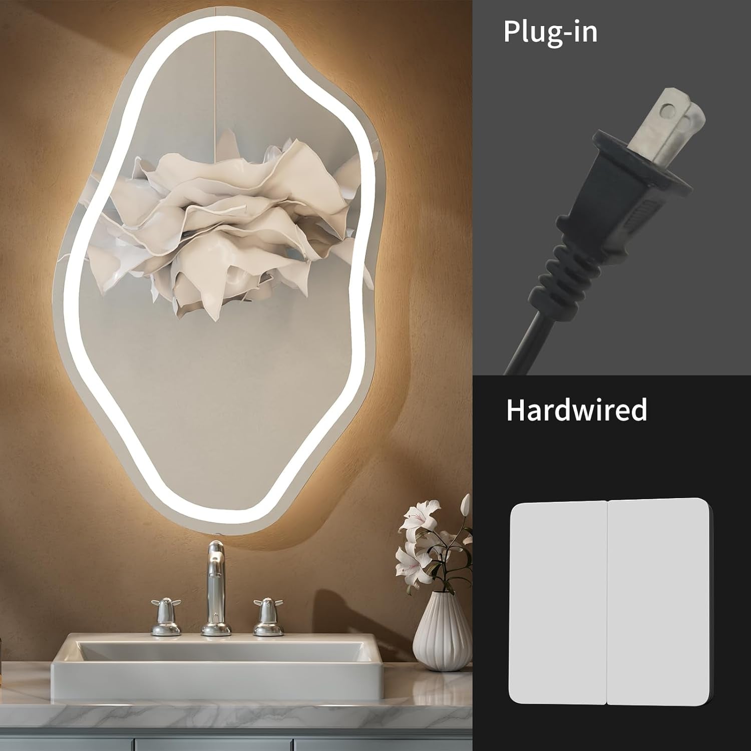 20"X 32" Cloud Irregular LED Bathroom Mirror with Lights, LED Mirror for Bathroom, Lighted, Anti-Fog, Dimmable Adjustable 3 Colors, CRI90+, Touch Button