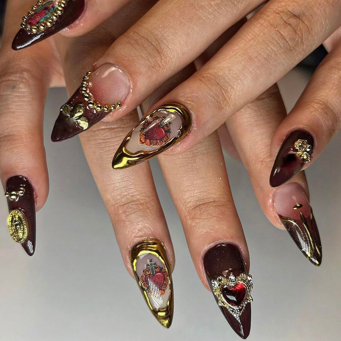 Almond Press on Nails Medium Fake Nails Brown Fall Glue on Golden Chrome Baroque Art Acrylic Nails 3D Heart Charm Metallic Ball Design Stiletto Manicure Stick on False Nails
