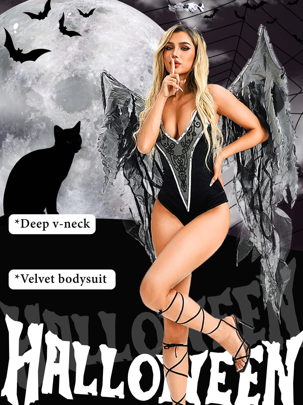 Dark Angel Costume Women,Deep V Backless High Cut Sexy 3 Piece Bodysuit,Halloween Devil Cosplay