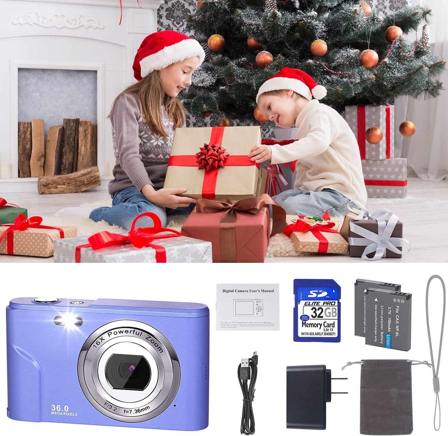 Digital Camera, FHD 1080P 36.0 MP Vlogging Camera Rechargeable Mini Camera Kids Camera Pocket Camera with 32GB SD Card 16X Digital Zoom, Compact Portable Camera for Kids Students Teenager-Brown