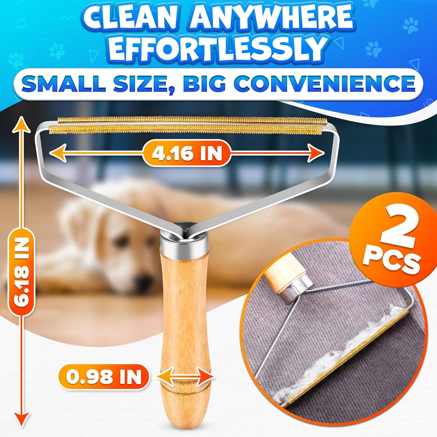 2 Pack Reusable Metal Lint Remover Tool – Durable Pet Hair Remover Tool with Wooden Handle | Portable Fabric Shaver Fuzz Cleaner for Clothes, Carpet & Furniture, Couch, Rugs, Car Seats & Upholstery