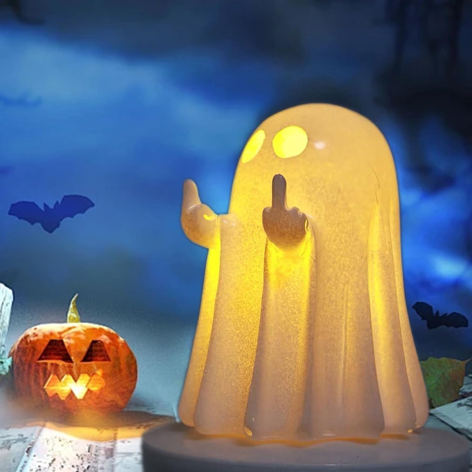 Halloween Ghost Figurine - Spooky Resin Glowing Cute Finger Statue, Cute Finger Light Ghost Decor for Halloween Decorations, Porch and Indoor Spooky Home Decor (A)