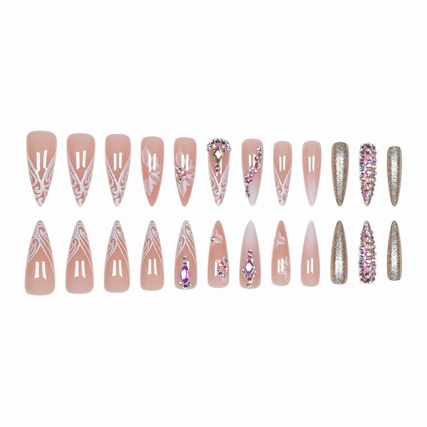 Press on Nails - Long Stiletto Fake Nails with Bling Glitter, Acrylic Luxury Rhinestone Design 24 Pcs