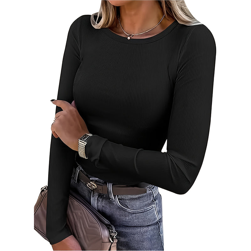 3 Pack Women'S Long Sleeve Shirts, Crew Neck Ribbed Tops Slim Fit Casual Knit Tees Stretch Basic T Shirts