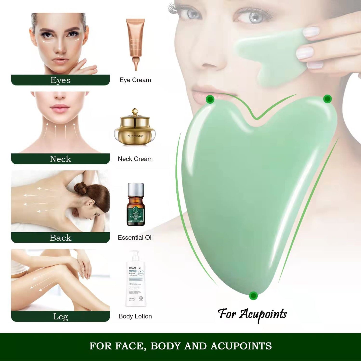 Gua Sha Facial Tool - Jade Stone Massager for Spa Acupuncture Therapy - Heart Shape Guasha for Face
