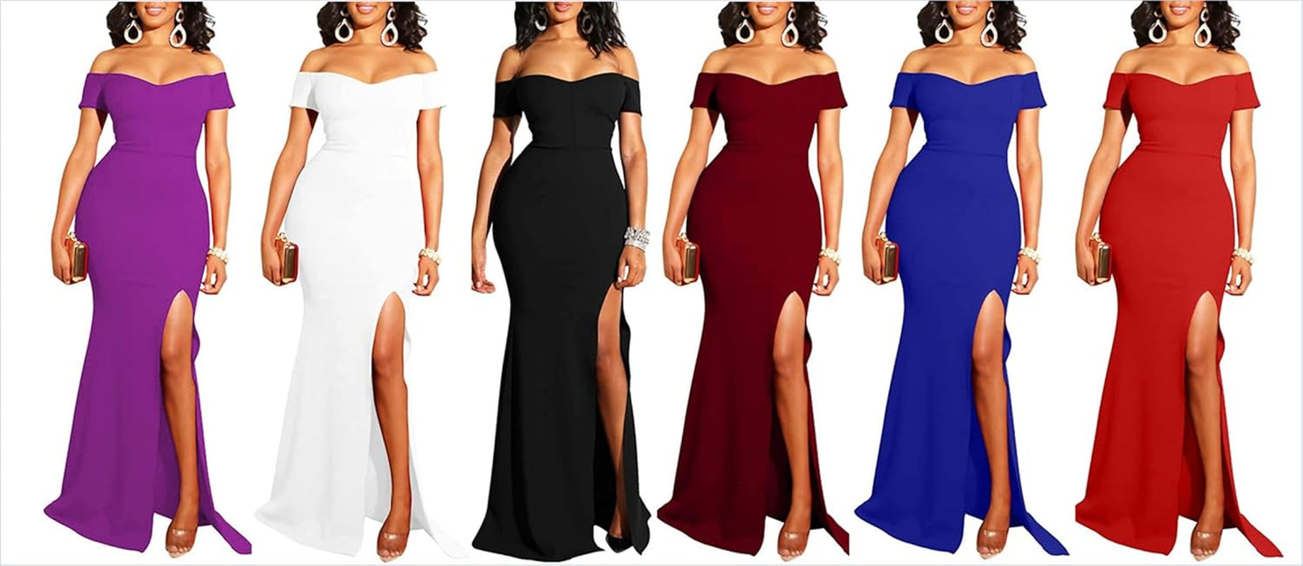 Jtnfairy Women Sexy Off-The-Shoulder High Fork Long Formal Evening Dress Club Dresses