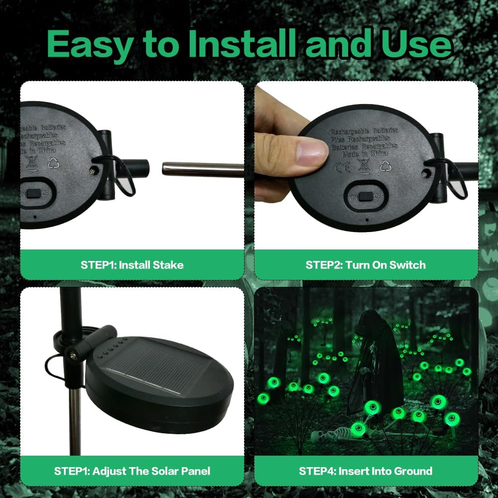 Halloween Decorations Outdoor Solar Scary Eyeball Lights,2Packs 12LED Green Eyeball Swaying Firefly Lights,Waterproof Solar Halloween Path Lights for Yard/Garden/Lawn/Party Decor