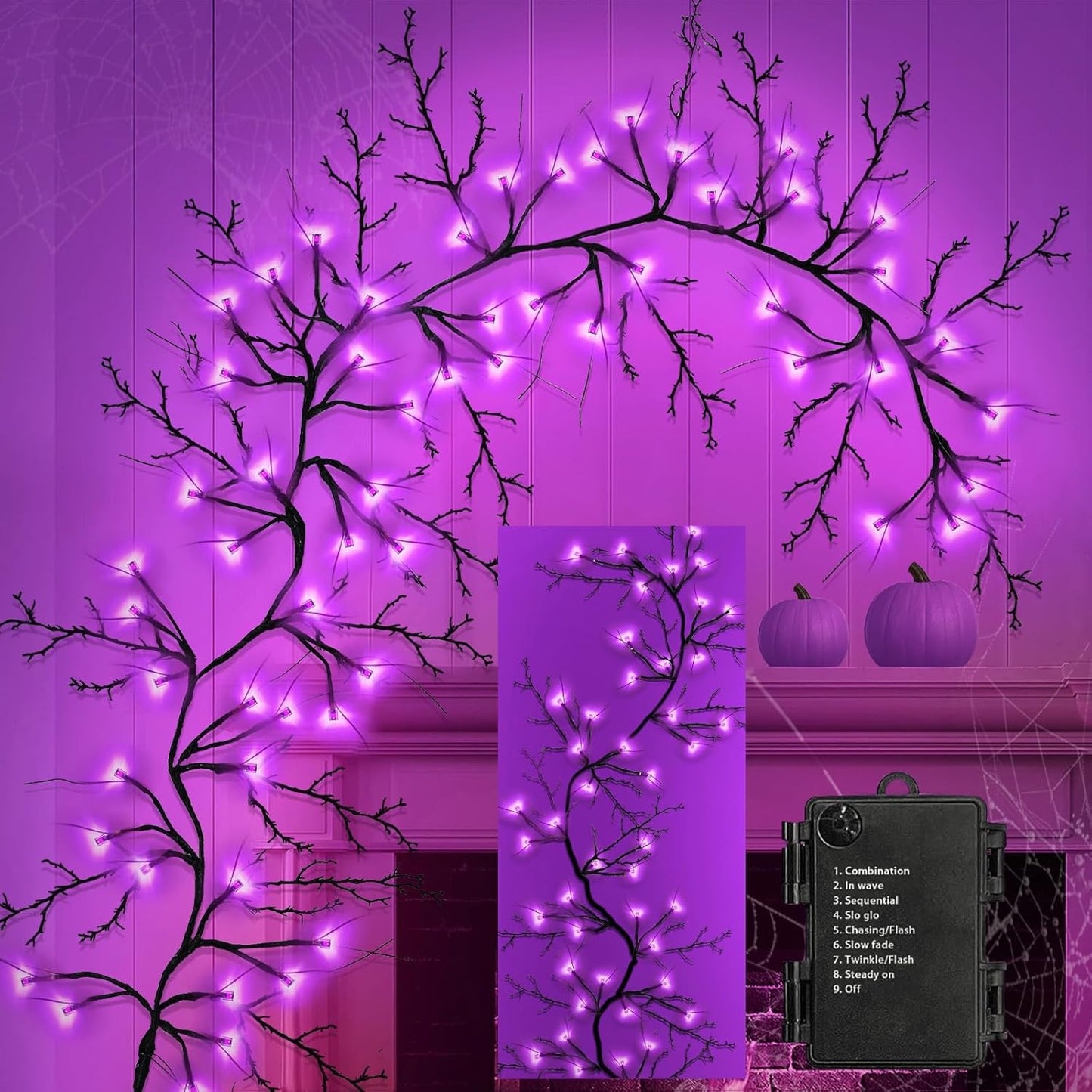Couah 6Ft 54 LED Willow Vine Twig Halloween Garland with Lights - 8 Modes & Timer, Purple, Waterproof Battery Operated for Mantle, Wall, Fireplace, Indoor Decorations