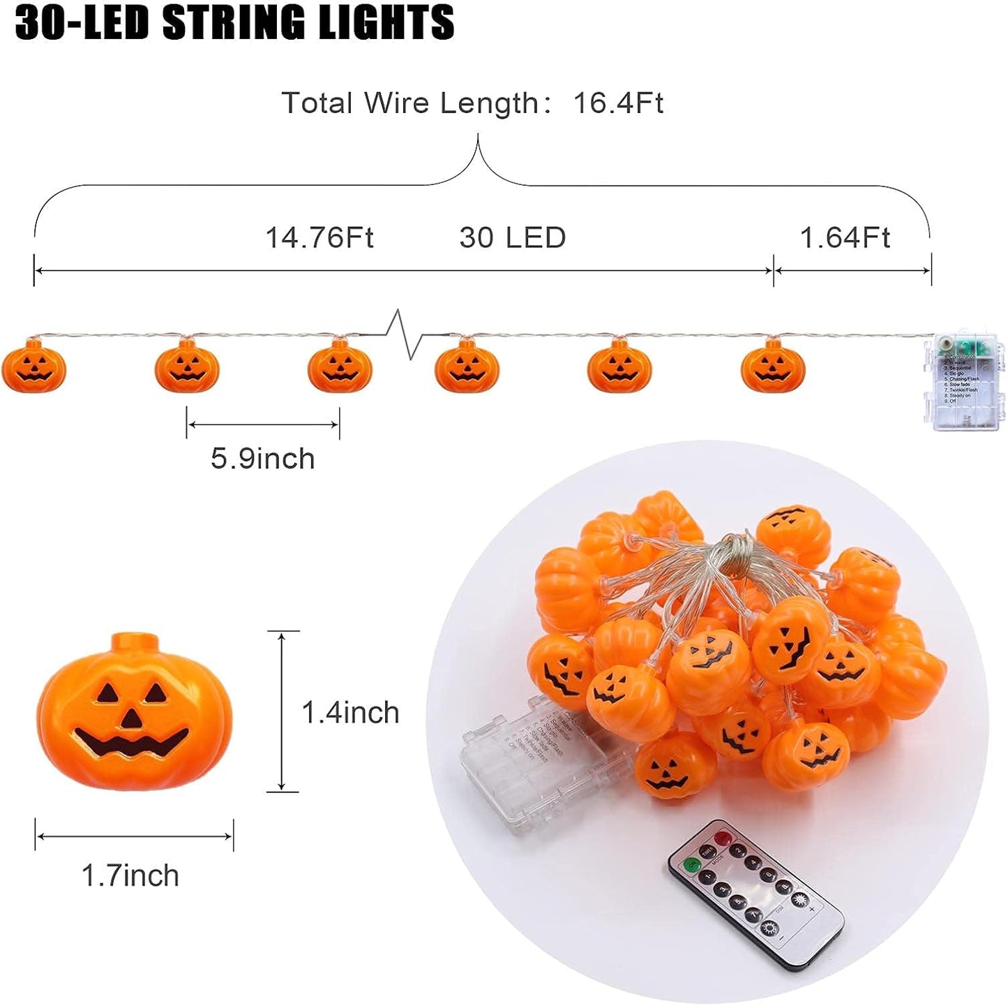 Halloween Decorations Pumpkin String Lights, 30 LED 16.4 FT 8 Modes Timer 3D Waterproof Orange Jack-O-Lantern Battery Operated Decorative Twinkle Lights for Indoor Bedroom Camper Party Decor