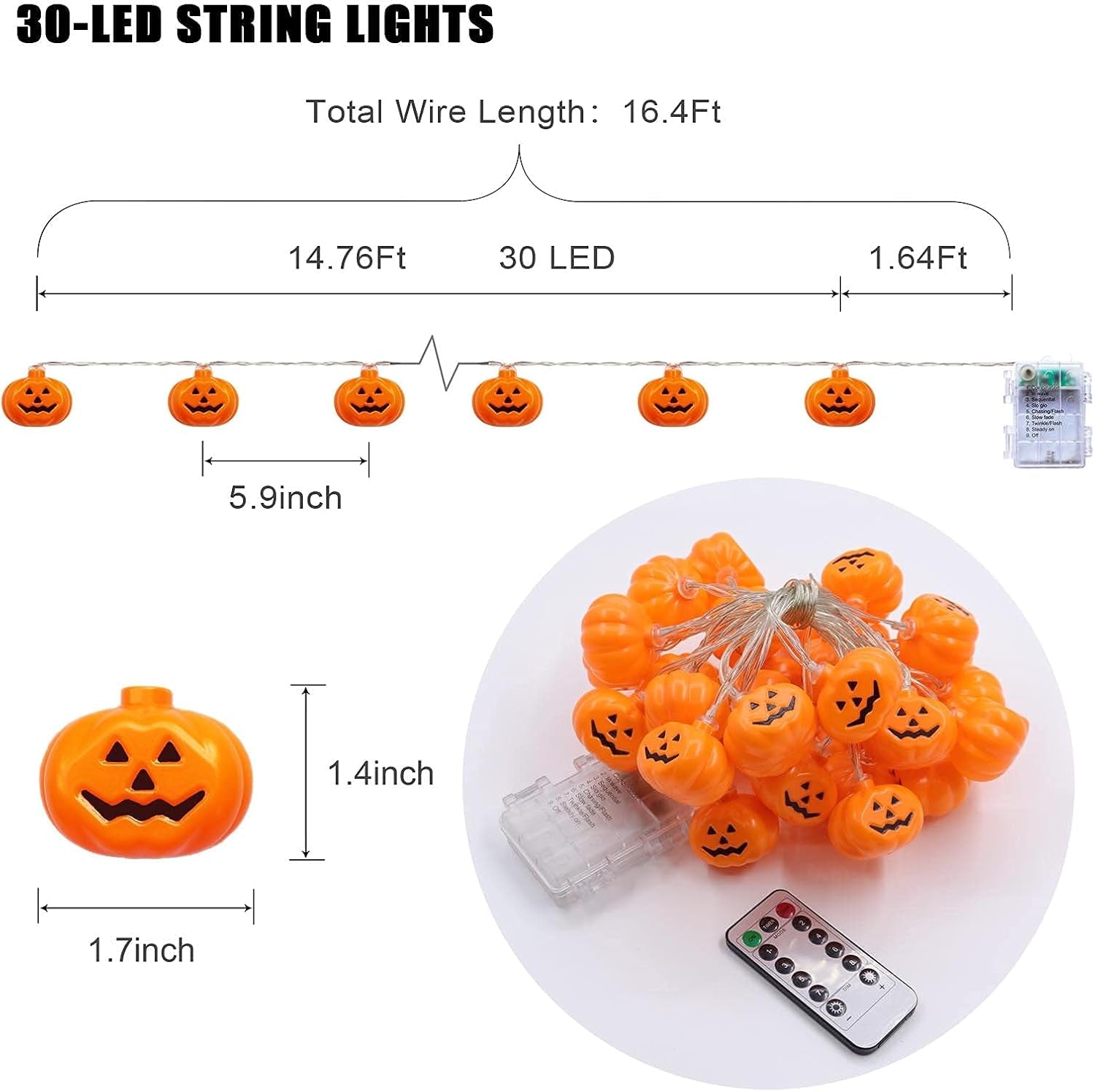 Halloween Decorations Pumpkin String Lights, 30 LED 16.4 FT 8 Modes Timer 3D Waterproof Orange Jack-O-Lantern Battery Operated Decorative Twinkle Lights for Indoor Bedroom Camper Party Decor