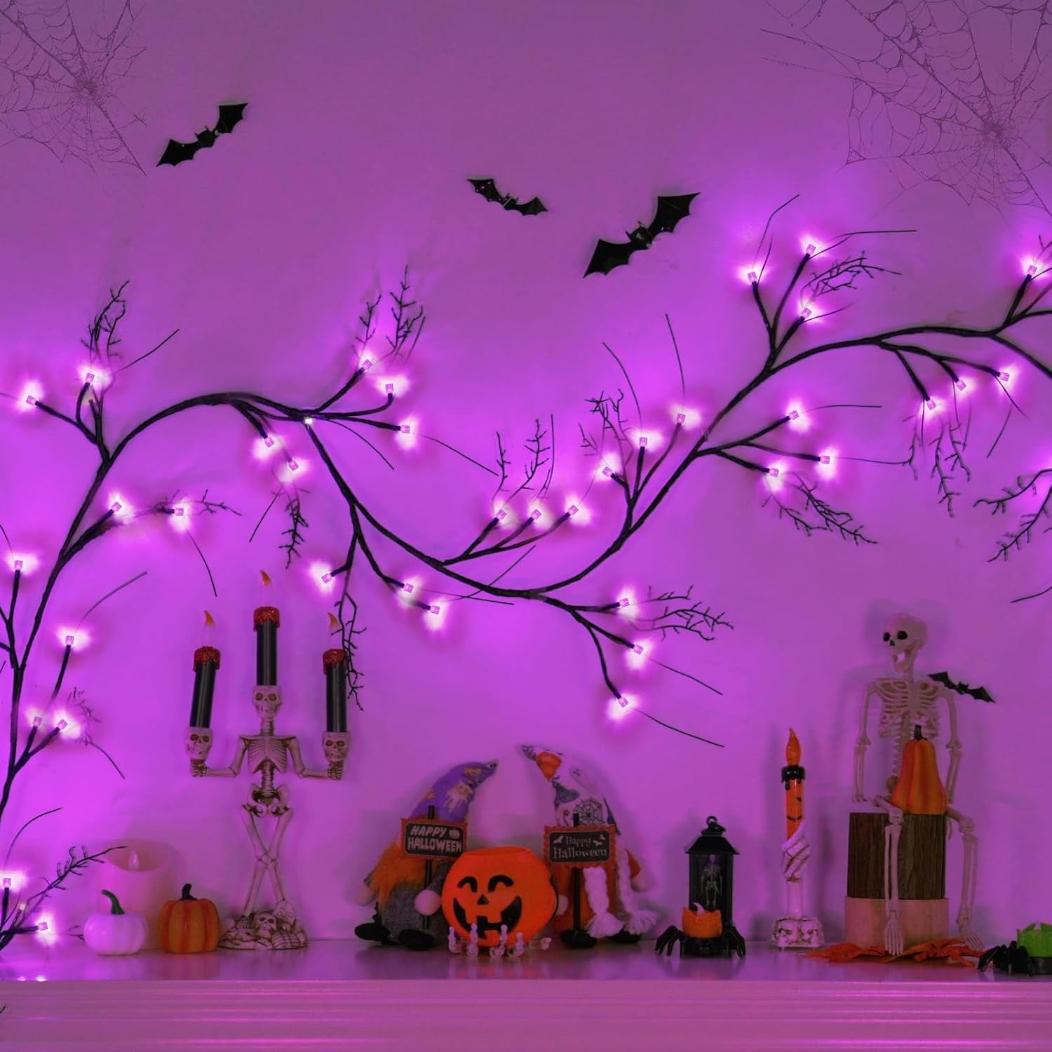 Couah 6Ft 54 LED Willow Vine Twig Halloween Garland with Lights - 8 Modes & Timer, Purple, Waterproof Battery Operated for Mantle, Wall, Fireplace, Indoor Decorations