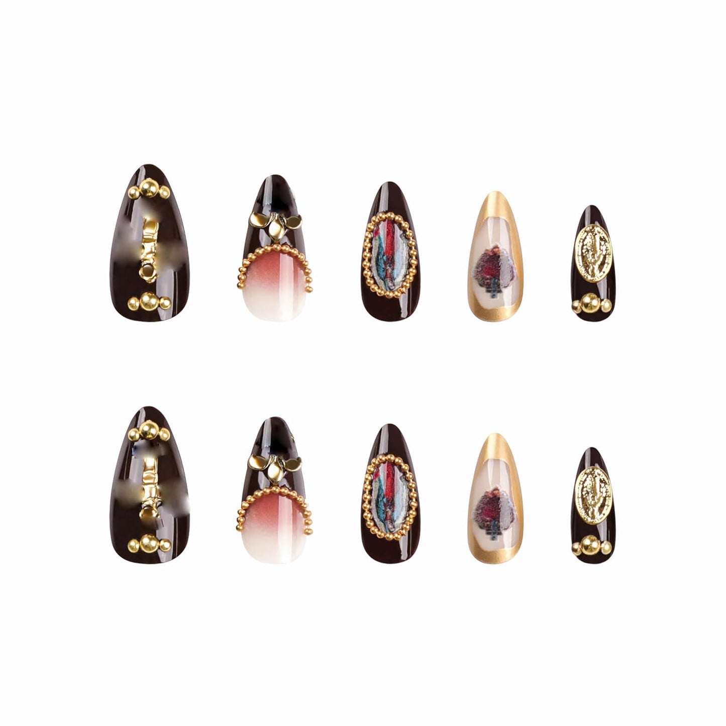Almond Press on Nails Medium Fake Nails Brown Fall Glue on Golden Chrome Baroque Art Acrylic Nails 3D Heart Charm Metallic Ball Design Stiletto Manicure Stick on False Nails