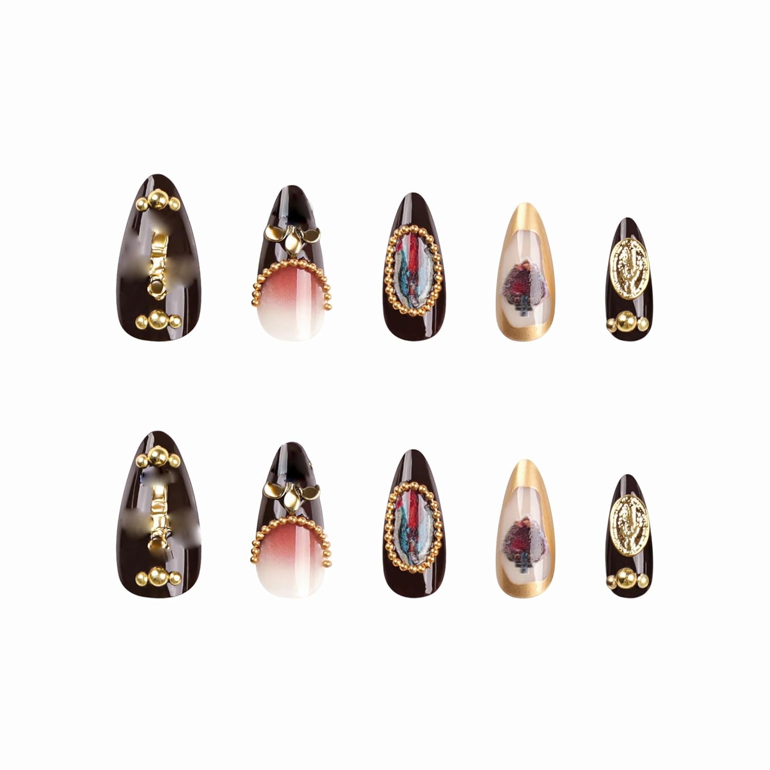 Almond Press on Nails Medium Fake Nails Brown Fall Glue on Golden Chrome Baroque Art Acrylic Nails 3D Heart Charm Metallic Ball Design Stiletto Manicure Stick on False Nails