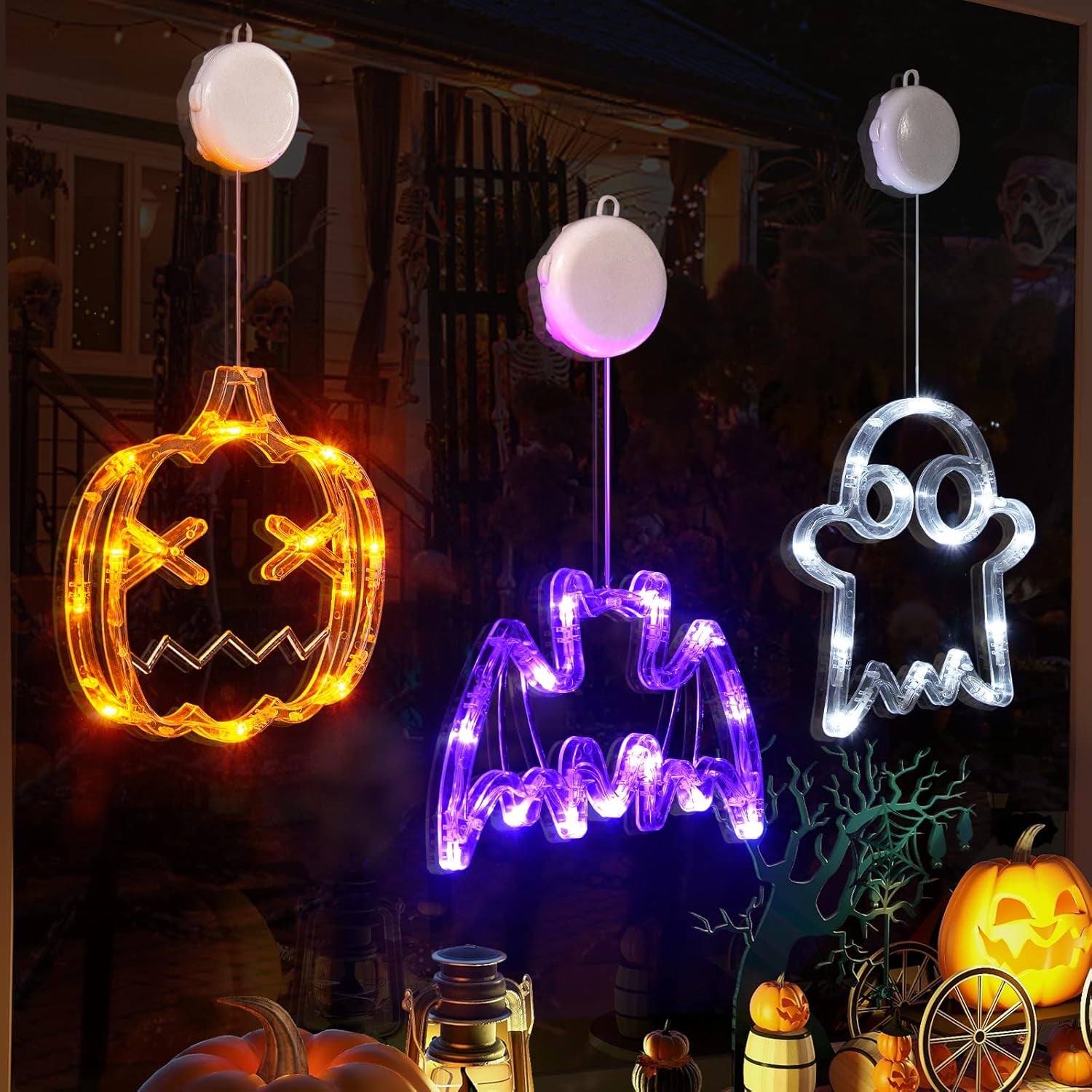Lolstar Halloween Lights Decorations 2025 3-Pack Orange Pumpkin White Ghost Purple Bat Window Lights with Suction Cups, Battery Operated Halloween LED Lights Window Decor Slow Fade Mode and Timer