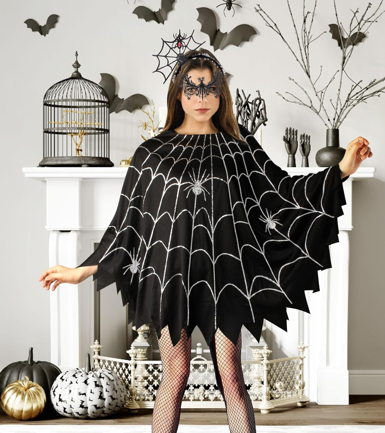 3 Pcs Spider Web Poncho for Women,Spider Web Costume Dress with Headband& Mask,Halloween Costume for Women