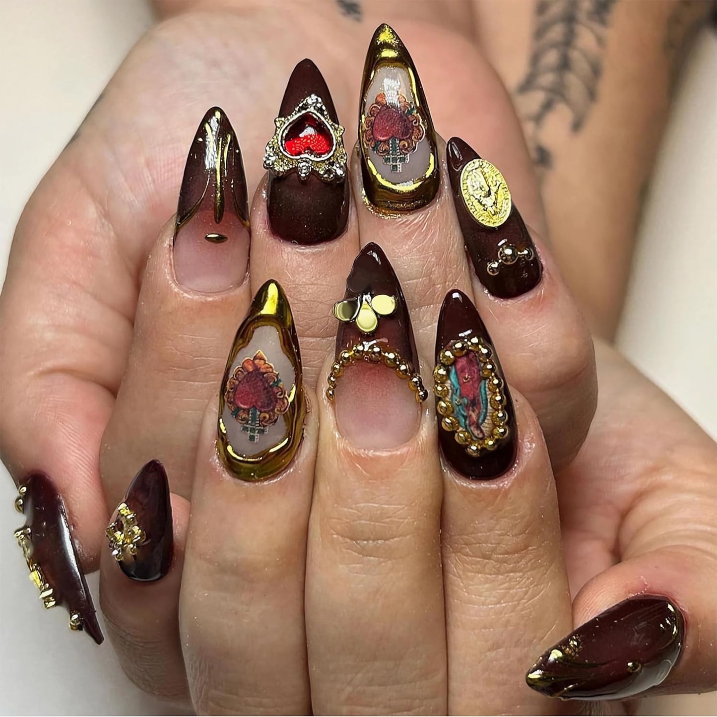 Almond Press on Nails Medium Fake Nails Brown Fall Glue on Golden Chrome Baroque Art Acrylic Nails 3D Heart Charm Metallic Ball Design Stiletto Manicure Stick on False Nails