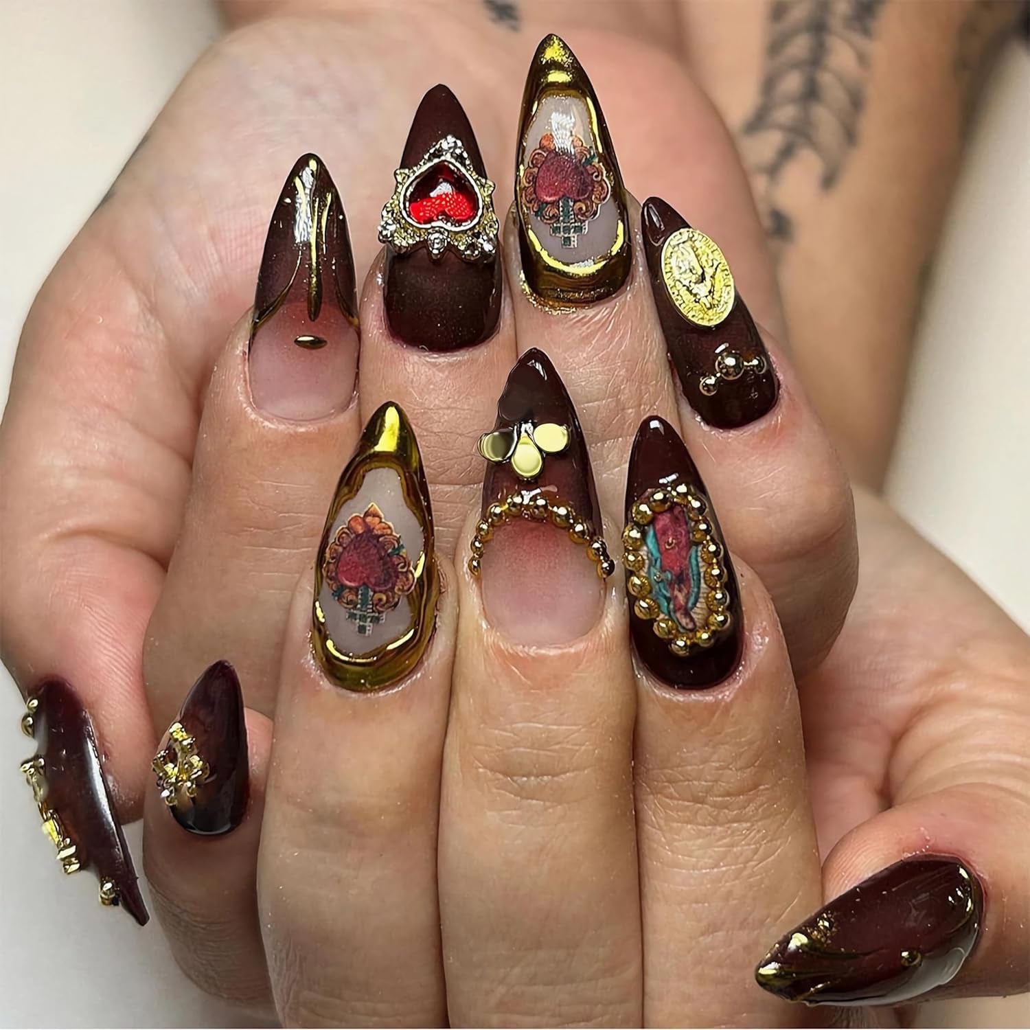 Almond Press on Nails Medium Fake Nails Brown Fall Glue on Golden Chrome Baroque Art Acrylic Nails 3D Heart Charm Metallic Ball Design Stiletto Manicure Stick on False Nails