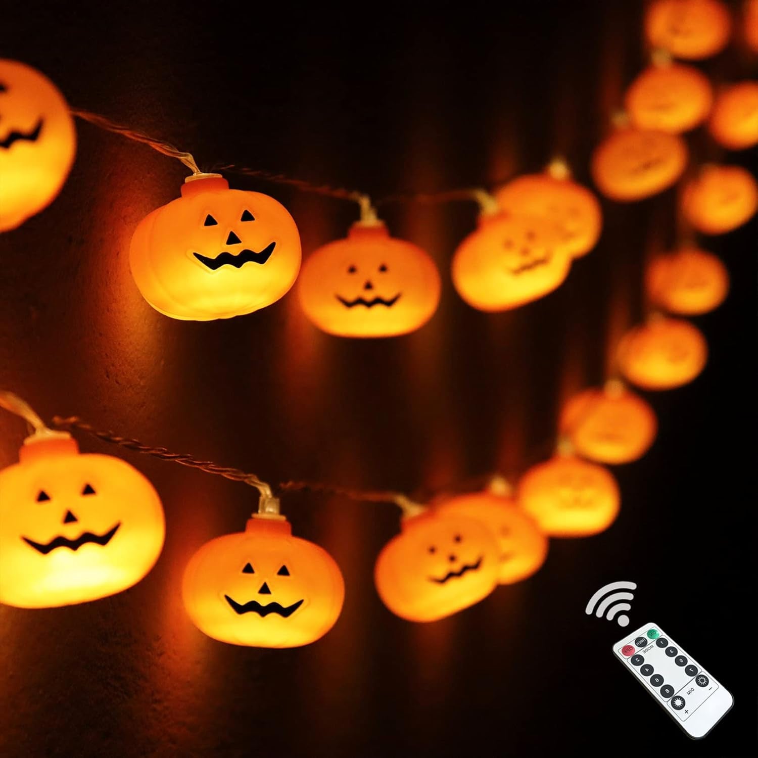 Halloween Decorations Pumpkin String Lights, 30 LED 16.4 FT 8 Modes Timer 3D Waterproof Orange Jack-O-Lantern Battery Operated Decorative Twinkle Lights for Indoor Bedroom Camper Party Decor