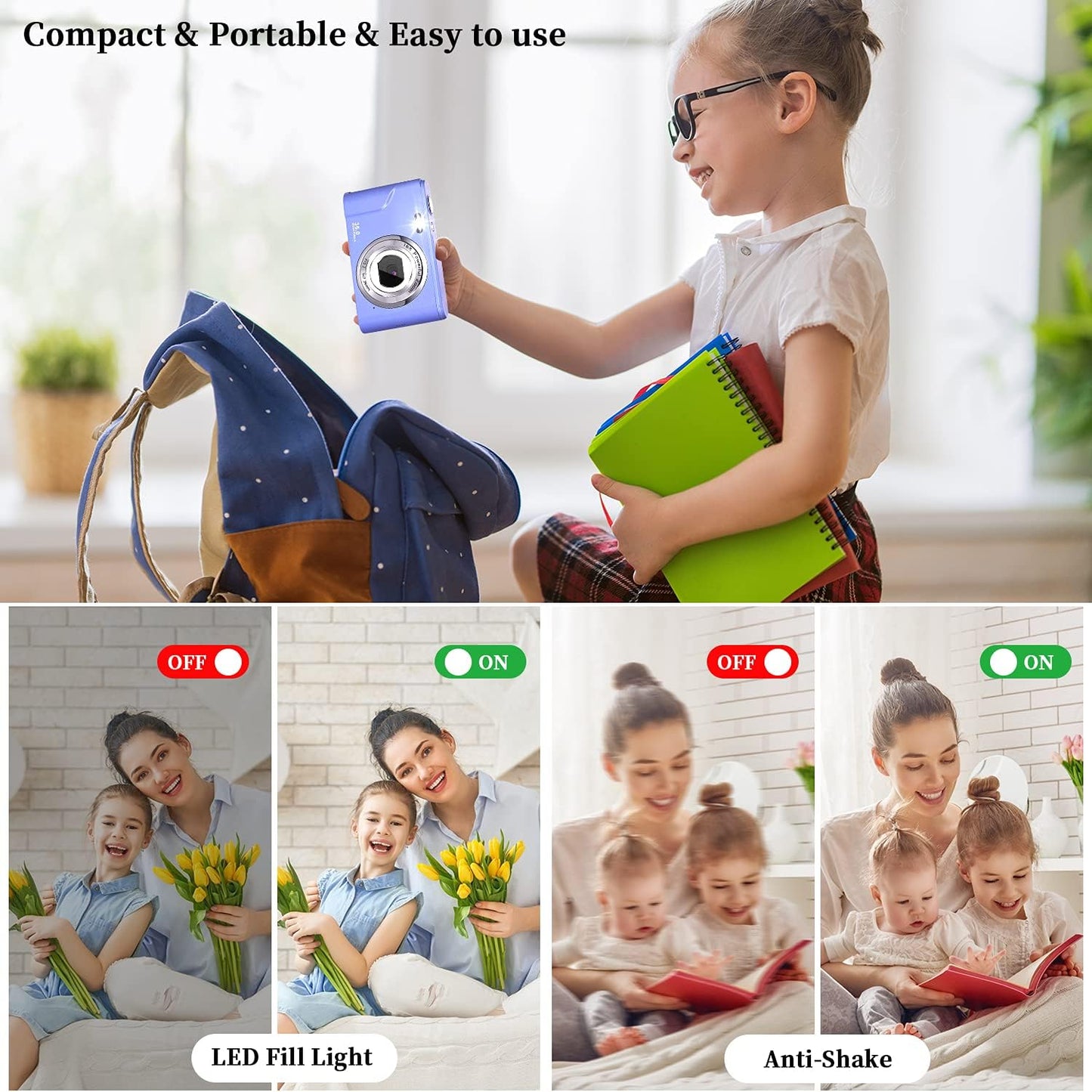 Digital Camera, FHD 1080P 36.0 MP Vlogging Camera Rechargeable Mini Camera Kids Camera Pocket Camera with 32GB SD Card 16X Digital Zoom, Compact Portable Camera for Kids Students Teenager-Brown