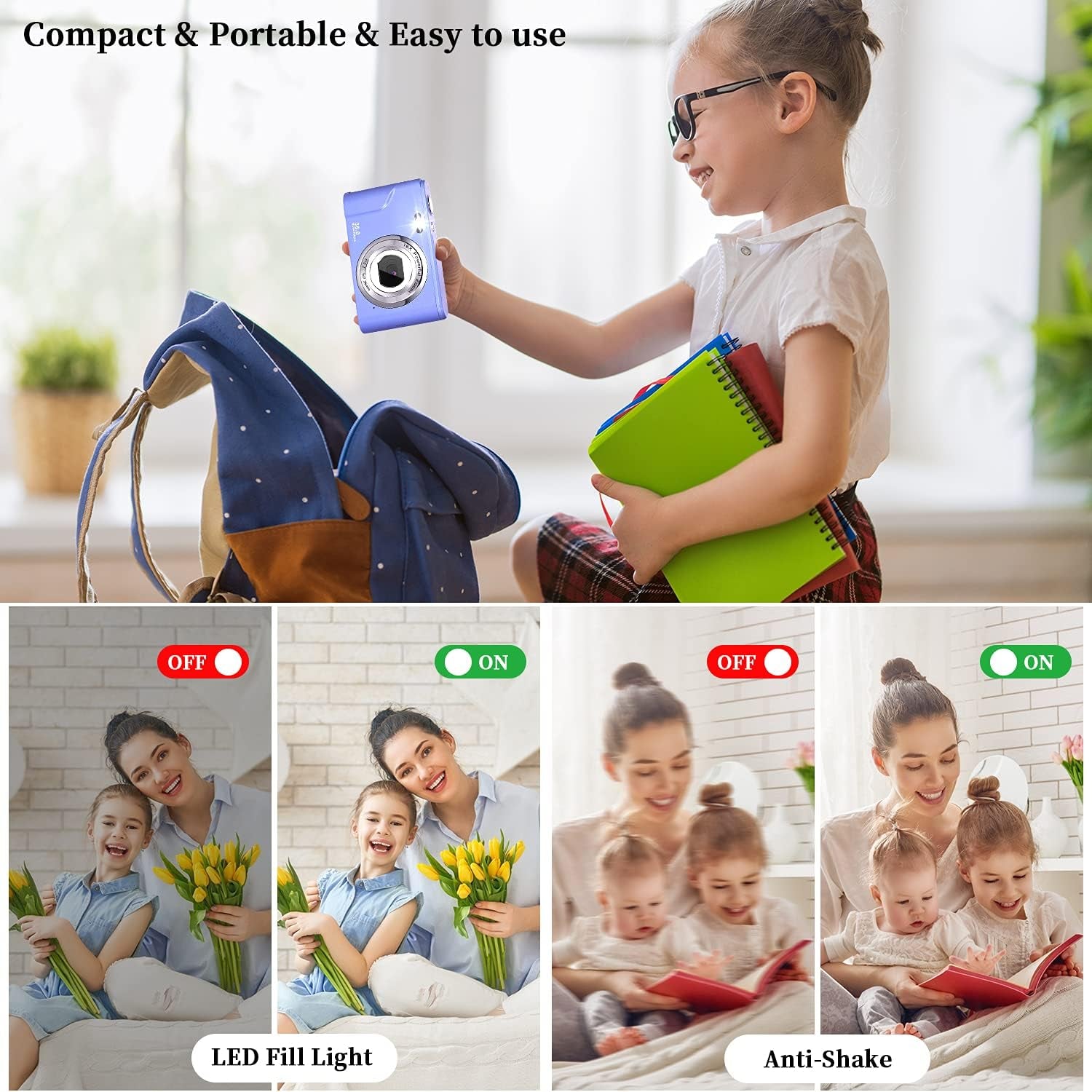 Digital Camera, FHD 1080P 36.0 MP Vlogging Camera Rechargeable Mini Camera Kids Camera Pocket Camera with 32GB SD Card 16X Digital Zoom, Compact Portable Camera for Kids Students Teenager-Brown